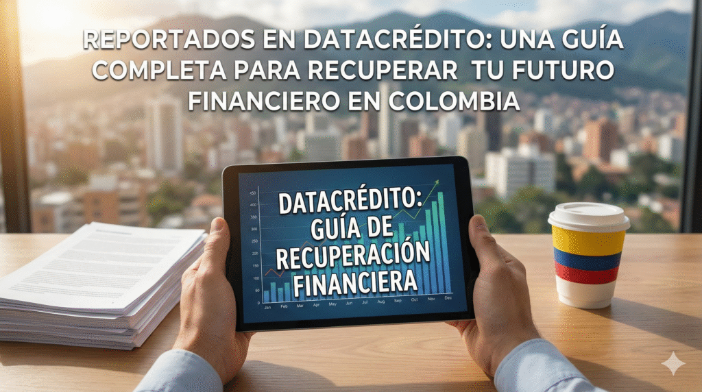 Persona sosteniendo una tableta con un gráfico de crecimiento financiero titulado "Datacrédito: Guía de Recuperación Financiera", con una ciudad colombiana de fondo y una taza de café con los colores de la bandera. Imagen de banner para el artículo sobre cómo salir de reportes negativos en Colombia.