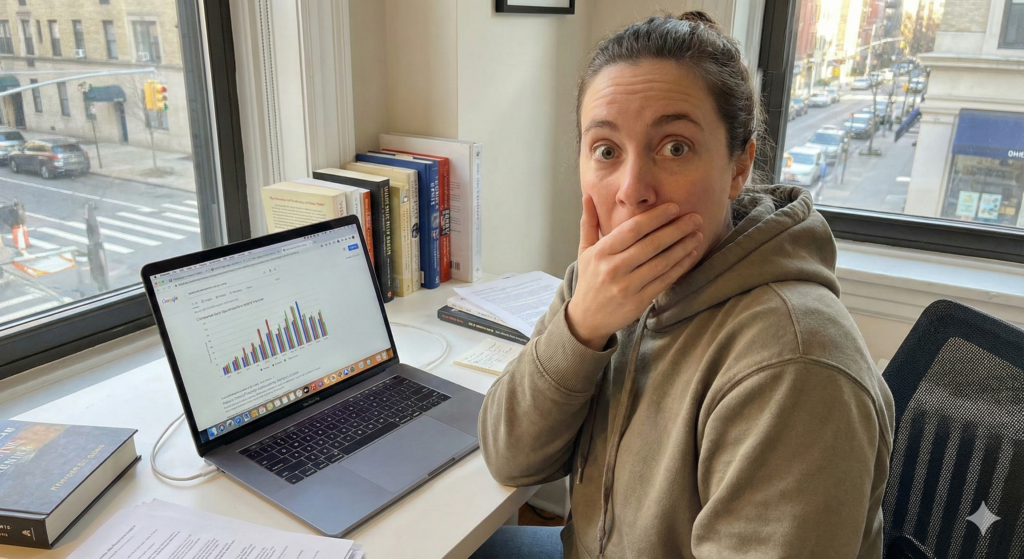 Mujer con expresión de asombro frente a una computadora portátil, investigando la duración de los reportes negativos en el historial crediticio de Datacrédito según la guía actualizada de 2026.