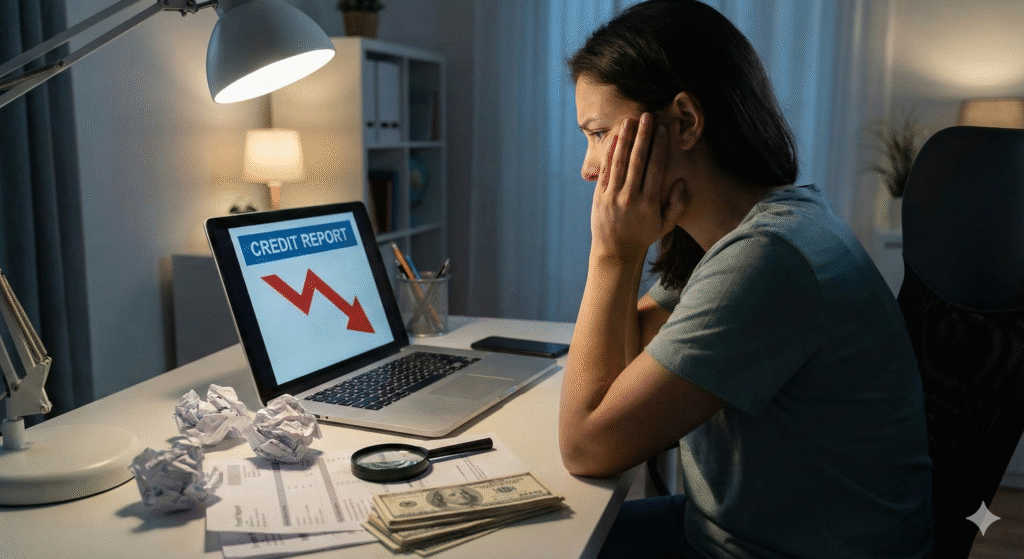 Mujer con estrés financiero revisando un reporte de crédito con tendencia a la baja en su laptop, rodeada de facturas y dinero